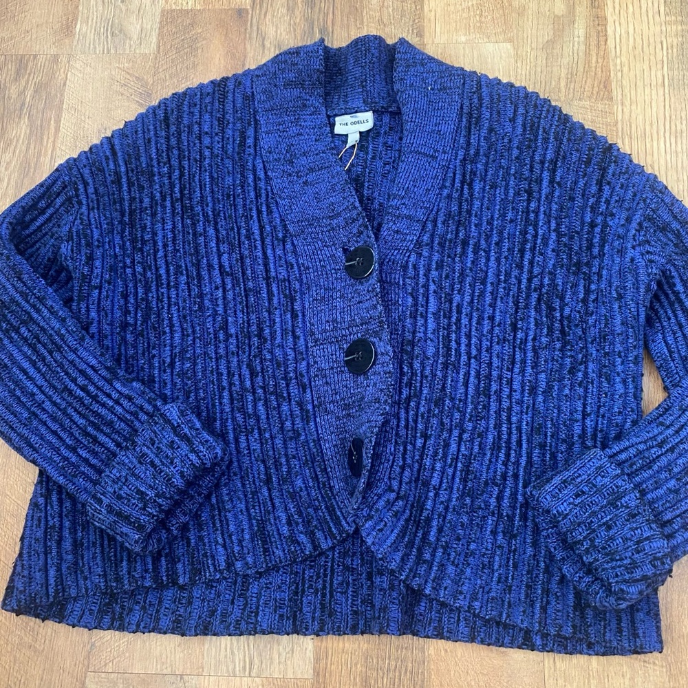 The Odell’s Blue Ribbed Shawl-Collar Button Cardigan
